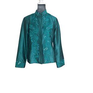 Chicos Embroidered Teal Long-Sleeve Jacket Size 1 NWT